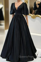 Black V-Neck Satin Long Evening Prom Dress, A-Line Short Sleeve Evening Dress
