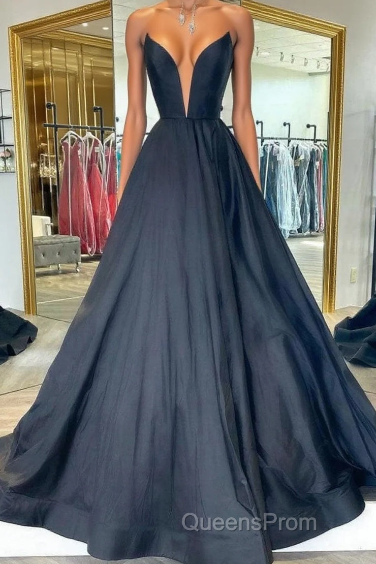 Black v neck satin long Evening Prom Dress, black evening Dress Main image