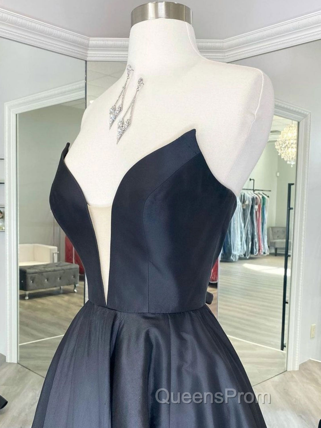 Black v neck satin long Evening Prom Dress, black evening Dress
