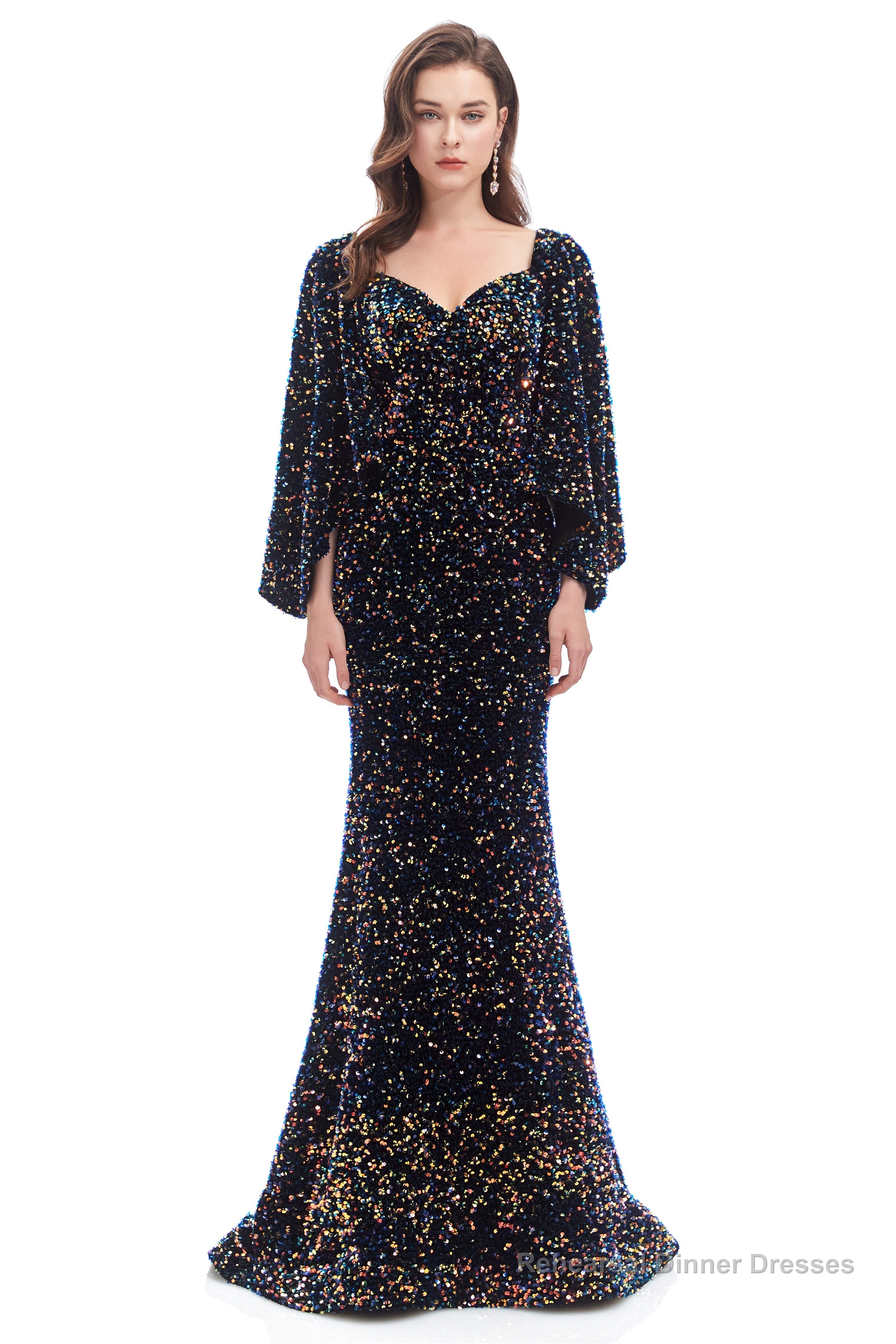 V-Neck Sequins Mermaid Prom Dresses with Sleeves Secondary image