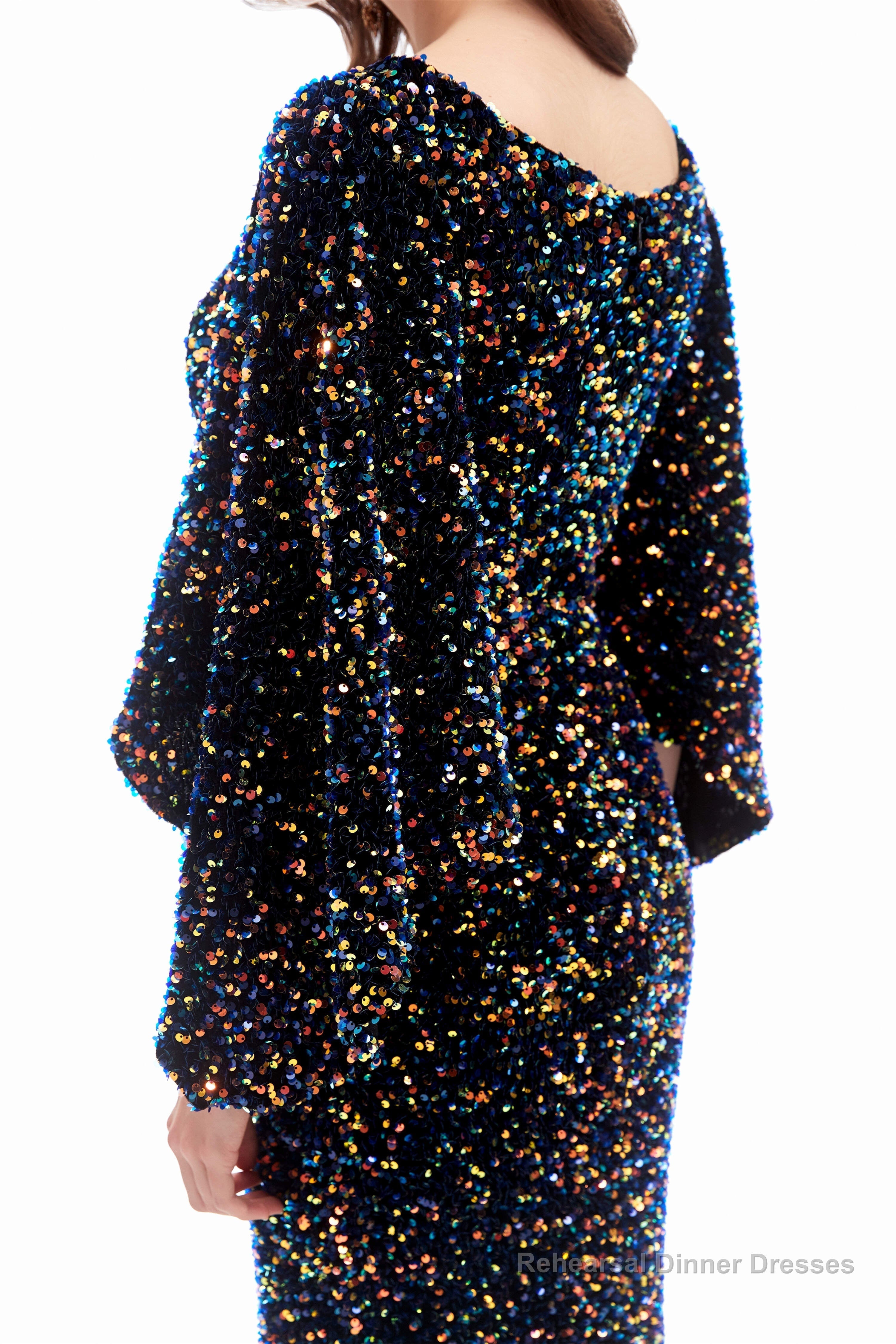 V-Neck Sequins Mermaid Prom Dresses with Sleeves