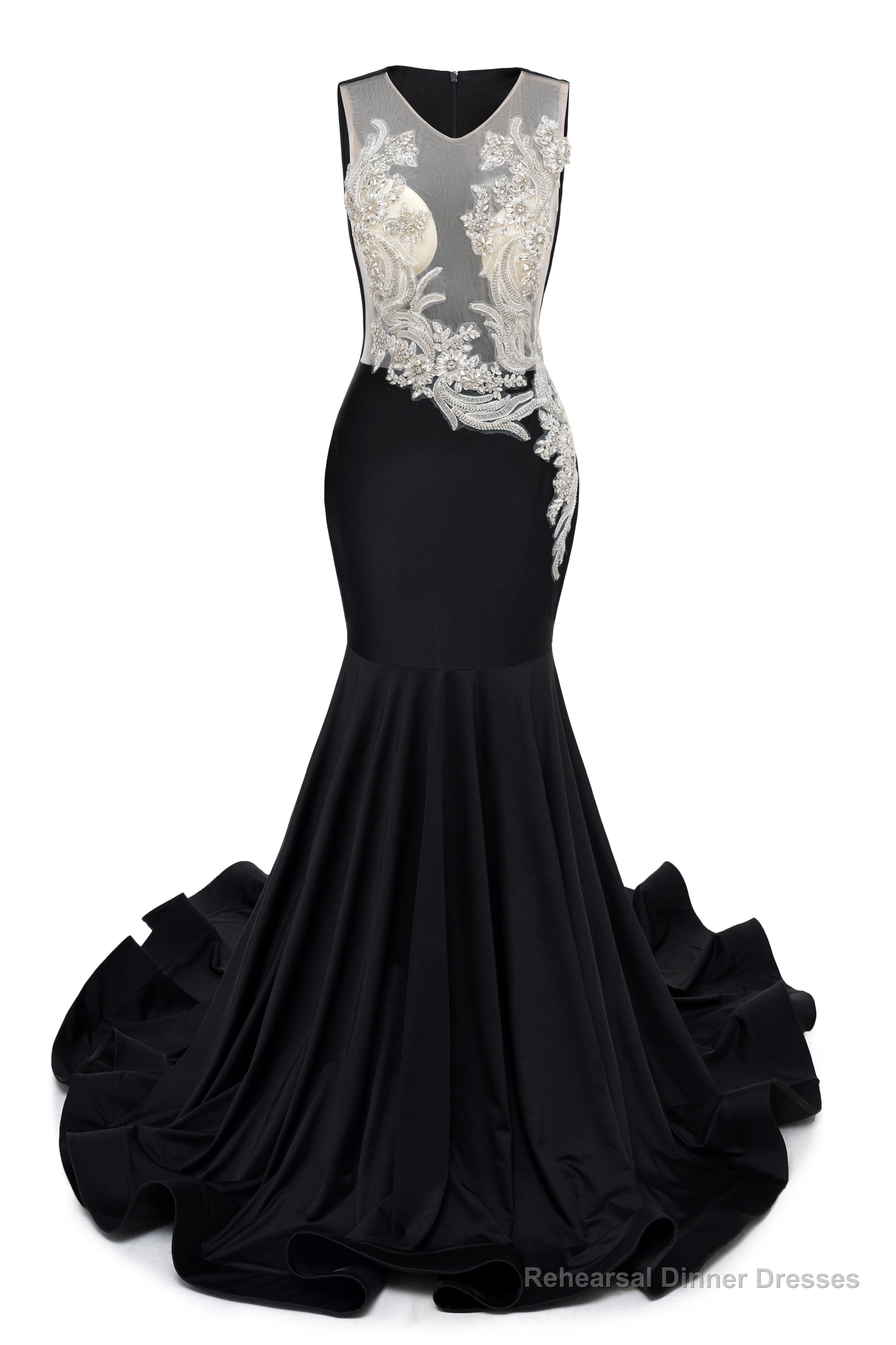 Black V-Neck Sheer Corset Prom Dresses Beaded Mermaid Long Train Evening Gowns Main image
