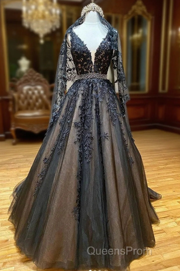 Black V Neck Tulle Lace Beads Long Evening Prom Dress Black Evening Dress Main image