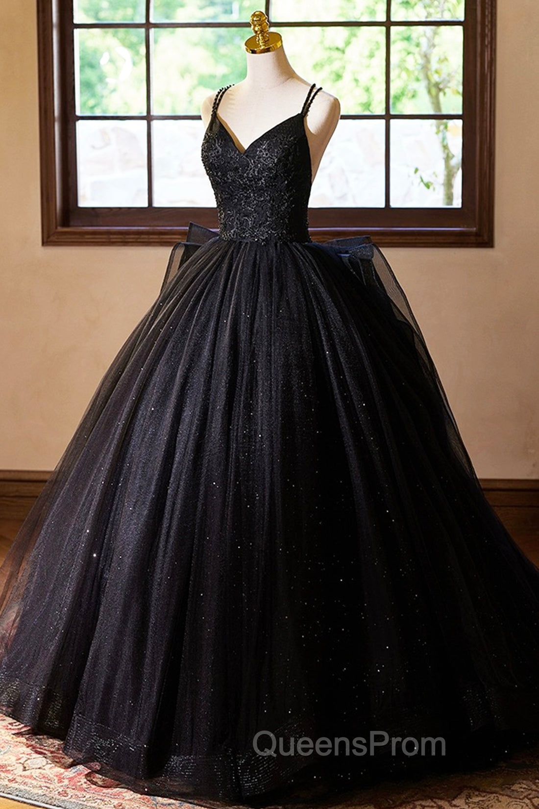 Black V-Neck Tulle Lace Evening Prom Dress, Gorgeous A-Line Evening Party Dress