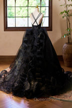 Black V-Neck Tulle Lace Evening Prom Dress, Gorgeous A-Line Evening Party Dress