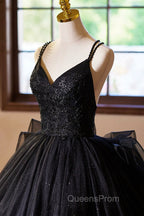 Black V-Neck Tulle Lace Evening Prom Dress, Gorgeous A-Line Evening Party Dress