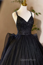 Black V-Neck Tulle Lace Evening Prom Dress, Gorgeous A-Line Evening Party Dress