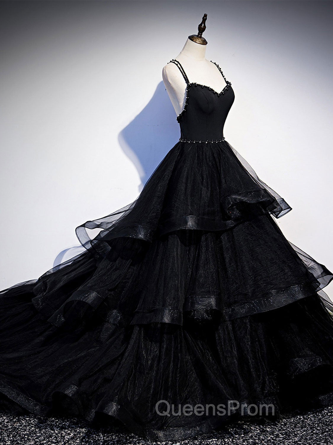 Black V Neck Tulle Long Evening Prom Dress, Black Evening Graduation Dress with Beading