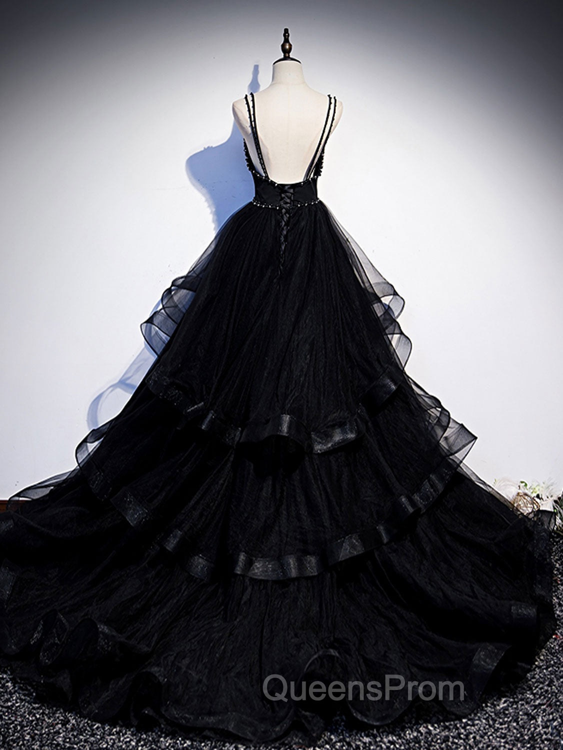 Black V Neck Tulle Long Evening Prom Dress, Black Evening Graduation Dress with Beading