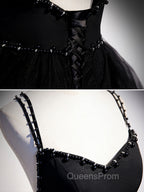 Black V Neck Tulle Long Evening Prom Dress, Black Evening Graduation Dress with Beading