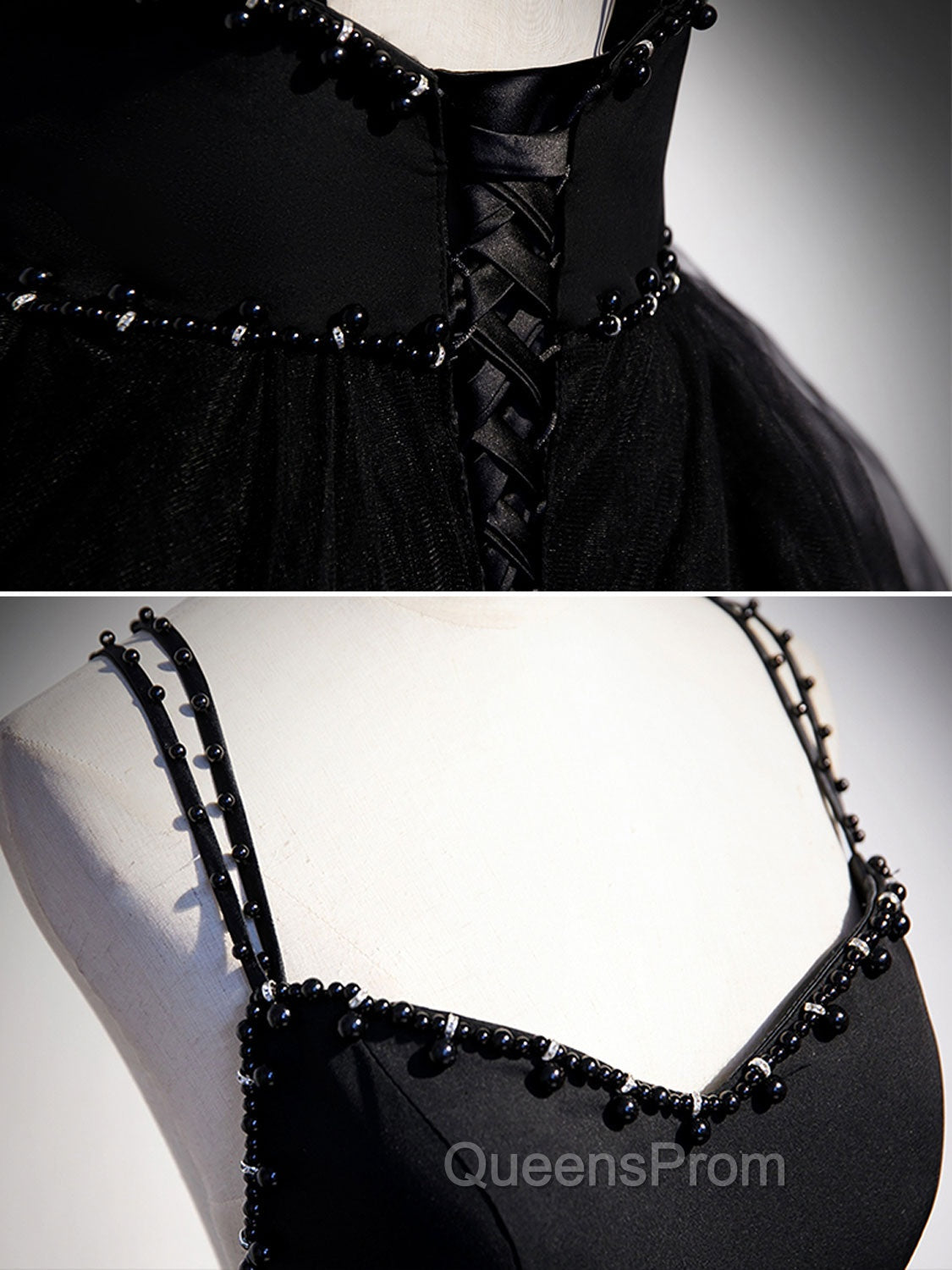 Black V Neck Tulle Long Evening Prom Dress, Black Evening Graduation Dress with Beading