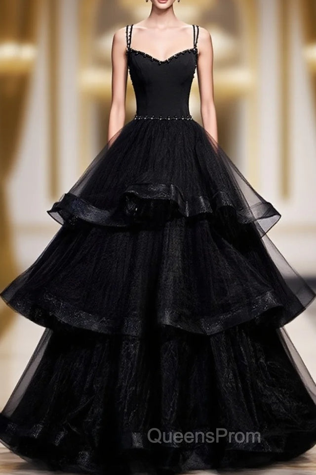 Black V Neck Tulle Long Evening Prom Dress, Black Evening Graduation Dress with Beading