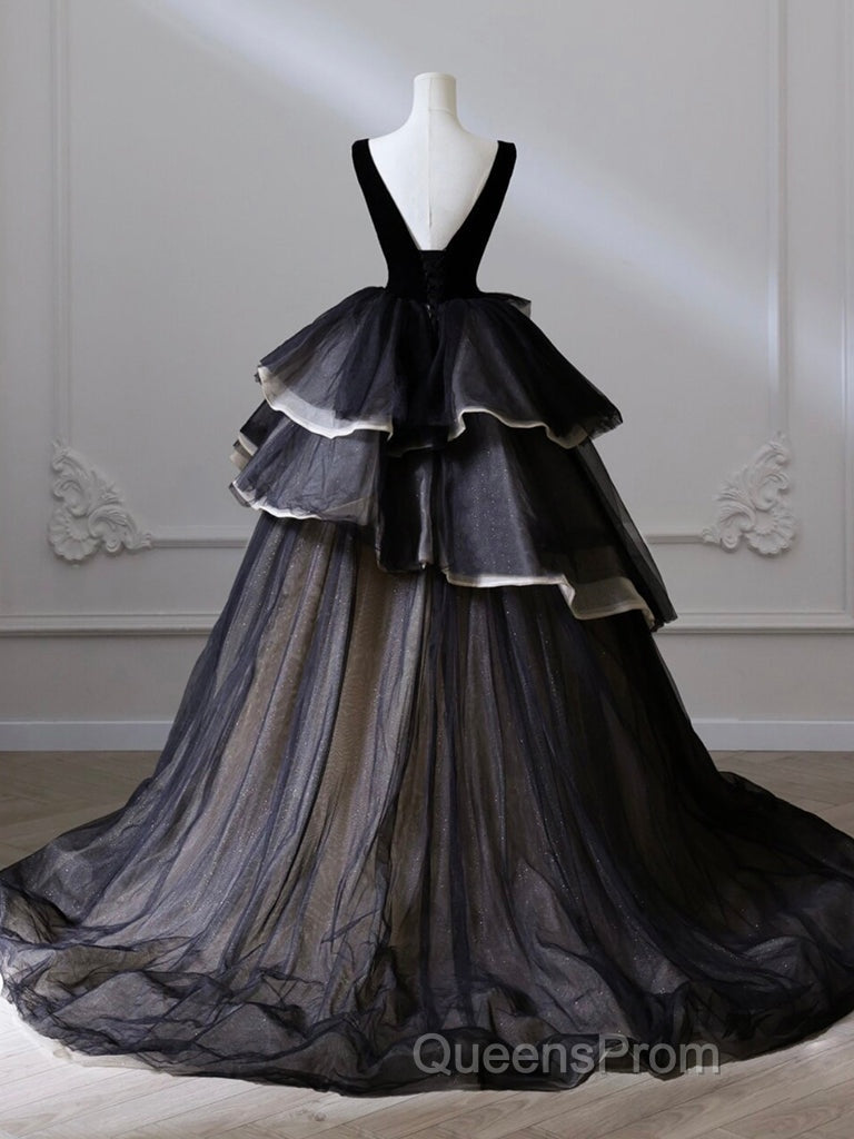 Black V Neck Tulle Long Evening Prom Dress, Black Long Evening Dress Secondary image