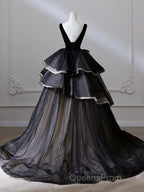 Black V Neck Tulle Long Evening Prom Dress, Black Long Evening Dress