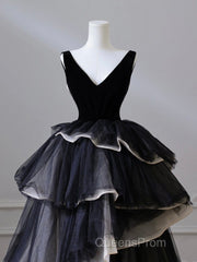 Black V Neck Tulle Long Evening Prom Dress, Black Long Evening Dress