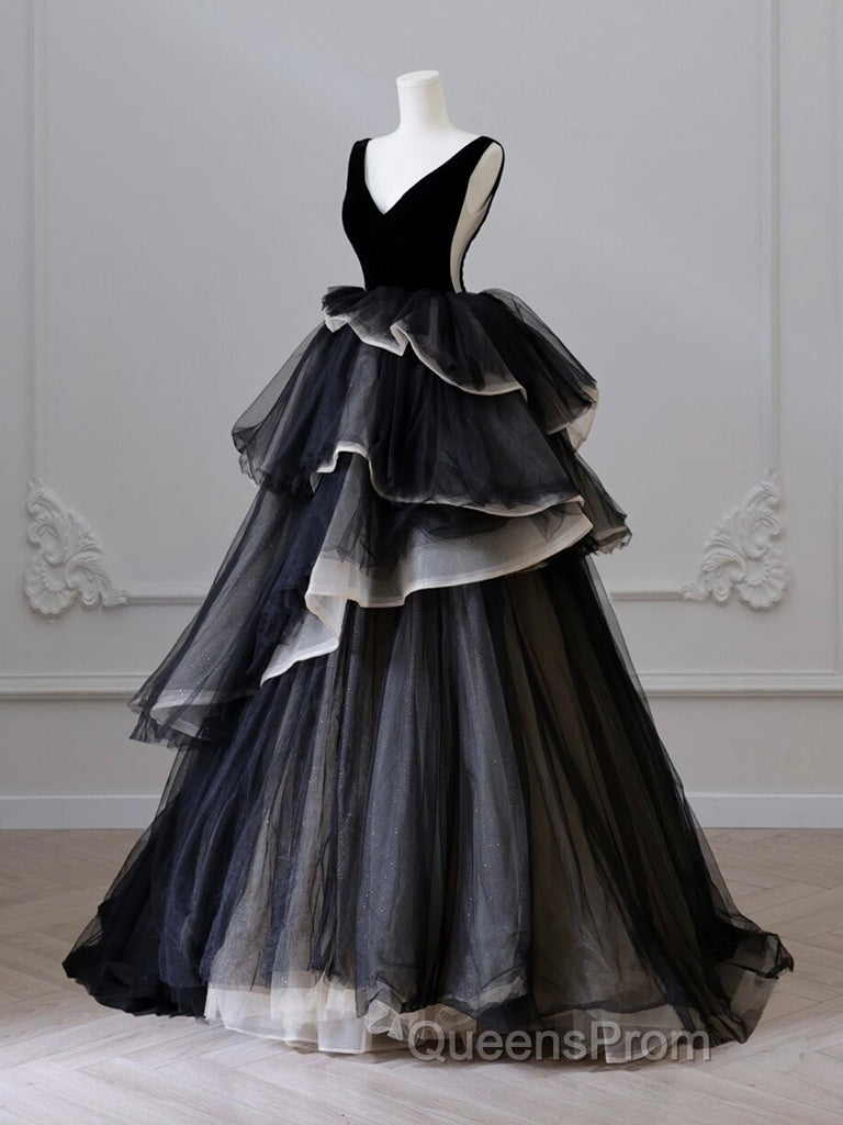 Black V Neck Tulle Long Evening Prom Dress, Black Long Evening Dress