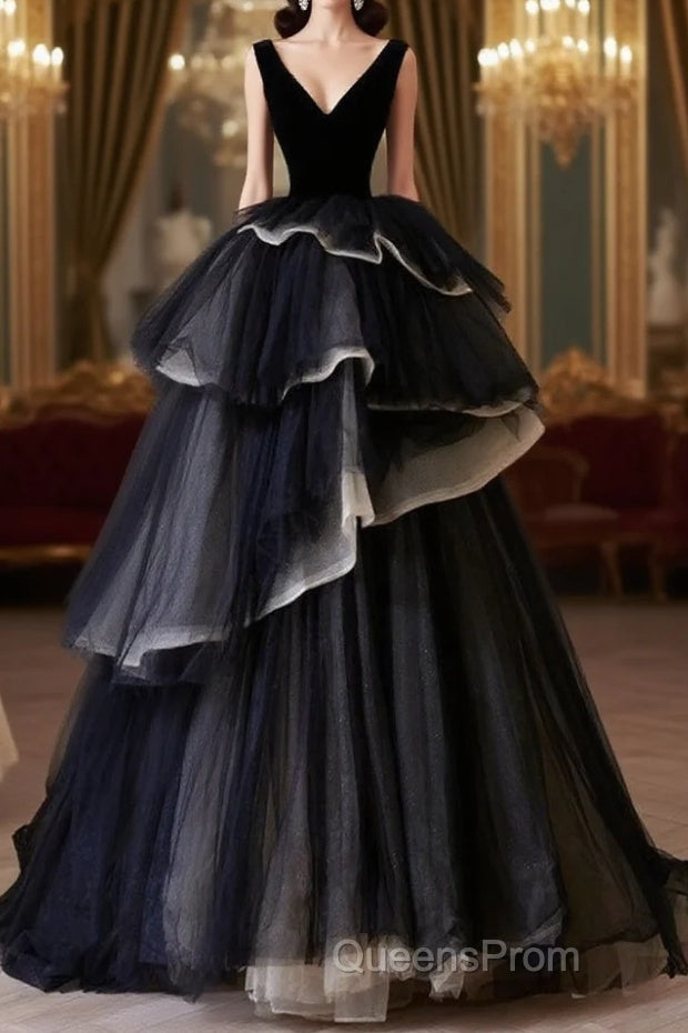 Black V Neck Tulle Long Evening Prom Dress, Black Long Evening Dress Main image