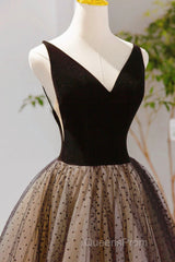 Black V-Neck Tulle Short Evening Prom Dress, A-Line Black Tea Length Party Dress