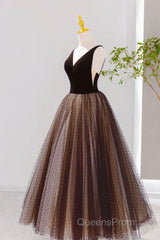 Black V-Neck Tulle Short Evening Prom Dress, A-Line Black Tea Length Party Dress