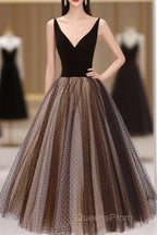 Black V-Neck Tulle Short Evening Prom Dress, A-Line Black Tea Length Party Dress