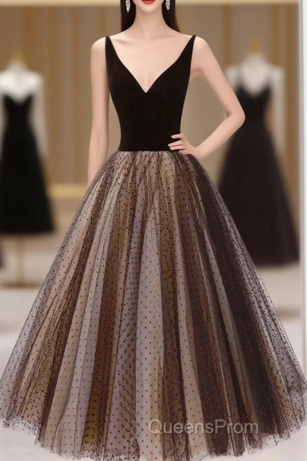 Black V-Neck Tulle Short Evening Prom Dress, A-Line Black Tea Length Party Dress