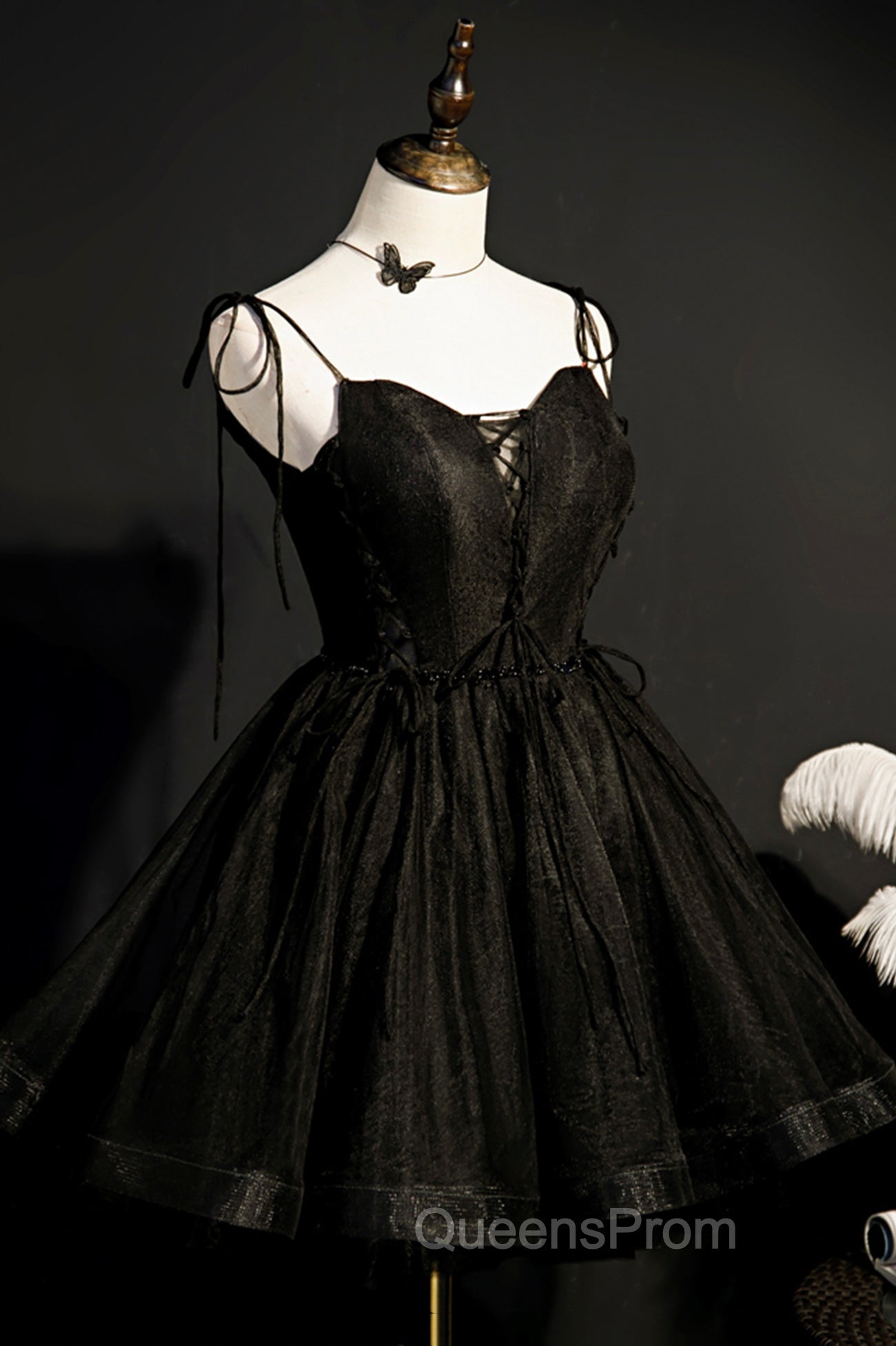 Black V-Neck Tulle Short Evening Prom Dress, Black A-Line Homecoming Party Dress