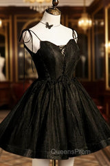 Black V-Neck Tulle Short Evening Prom Dress, Black A-Line Homecoming Party Dress