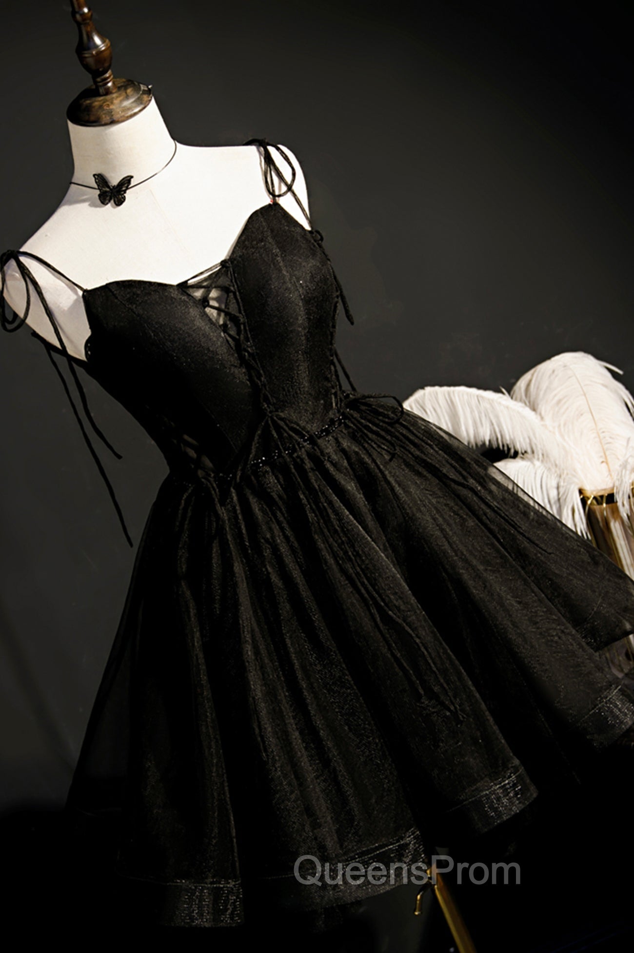 Black V-Neck Tulle Short Evening Prom Dress, Black A-Line Homecoming Party Dress
