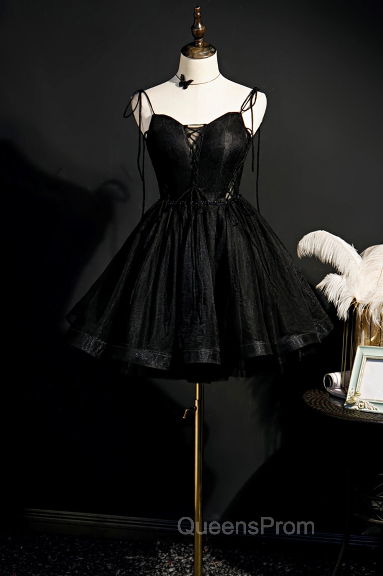 Black V-Neck Tulle Short Evening Prom Dress, Black A-Line Homecoming Party Dress Main image