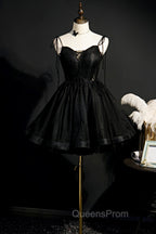 Black V-Neck Tulle Short Evening Prom Dress, Black A-Line Homecoming Party Dress