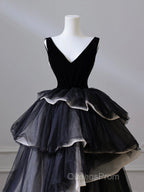 Black V Neck Tulle Velvet Long Evening Prom Dress, Black Long Evening Dress