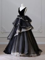 Black V Neck Tulle Velvet Long Evening Prom Dress, Black Long Evening Dress