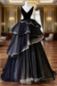 Black V Neck Tulle Velvet Long Evening Prom Dress, Black Long Evening Dress
