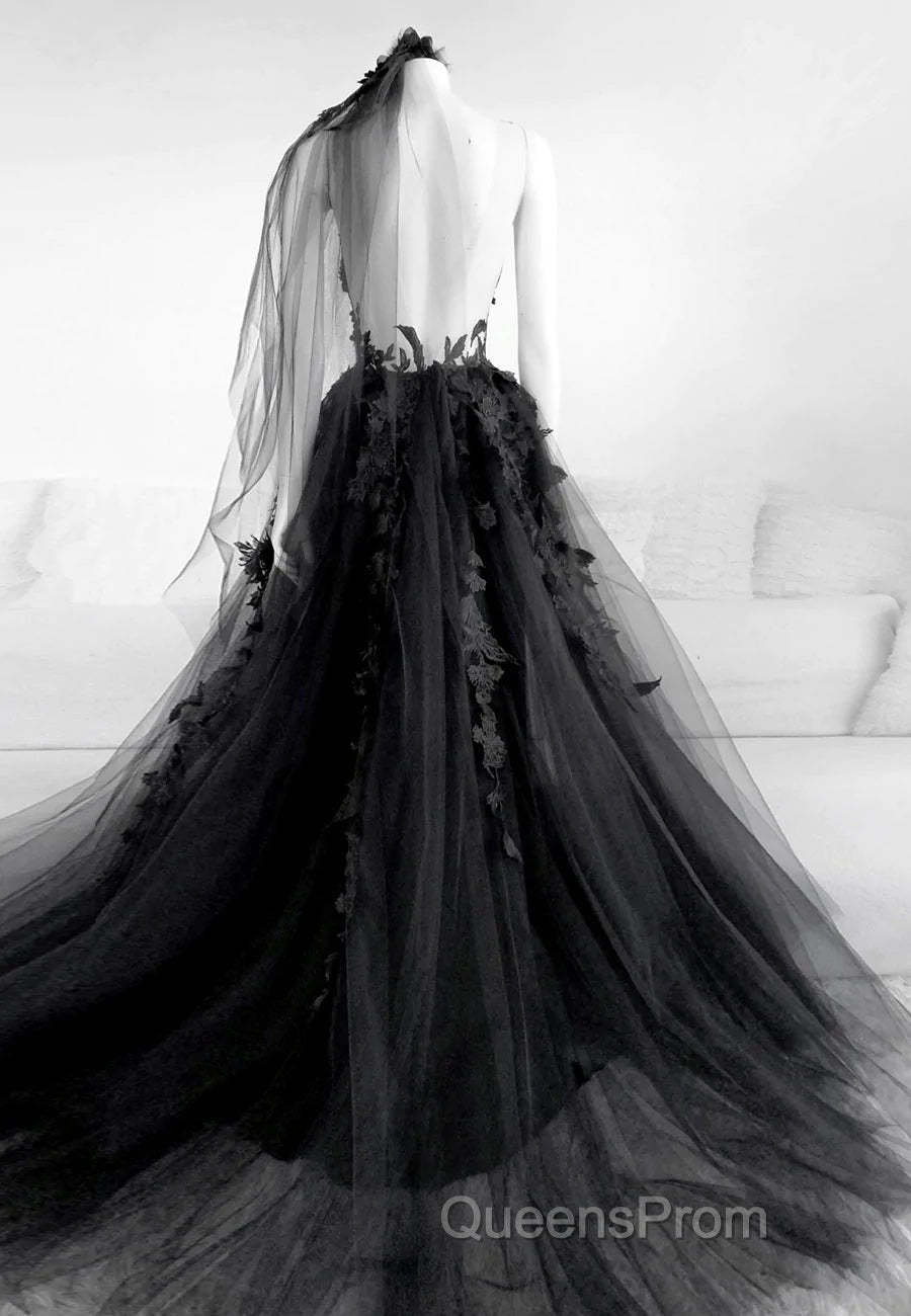 Black V-Neckline Backless Tulle With Lace Party Dress, Black Long Evening Prom Dress Secondary image
