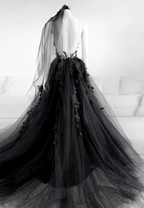 Black V-Neckline Backless Tulle With Lace Party Dress, Black Long Classy Prom Dress