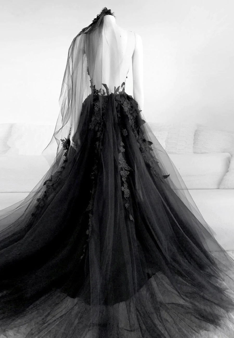 Black V-Neckline Backless Tulle With Lace Party Dress, Black Long Classy Prom Dress