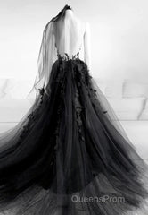Black V-Neckline Backless Tulle With Lace Party Dress, Black Long Evening Prom Dress