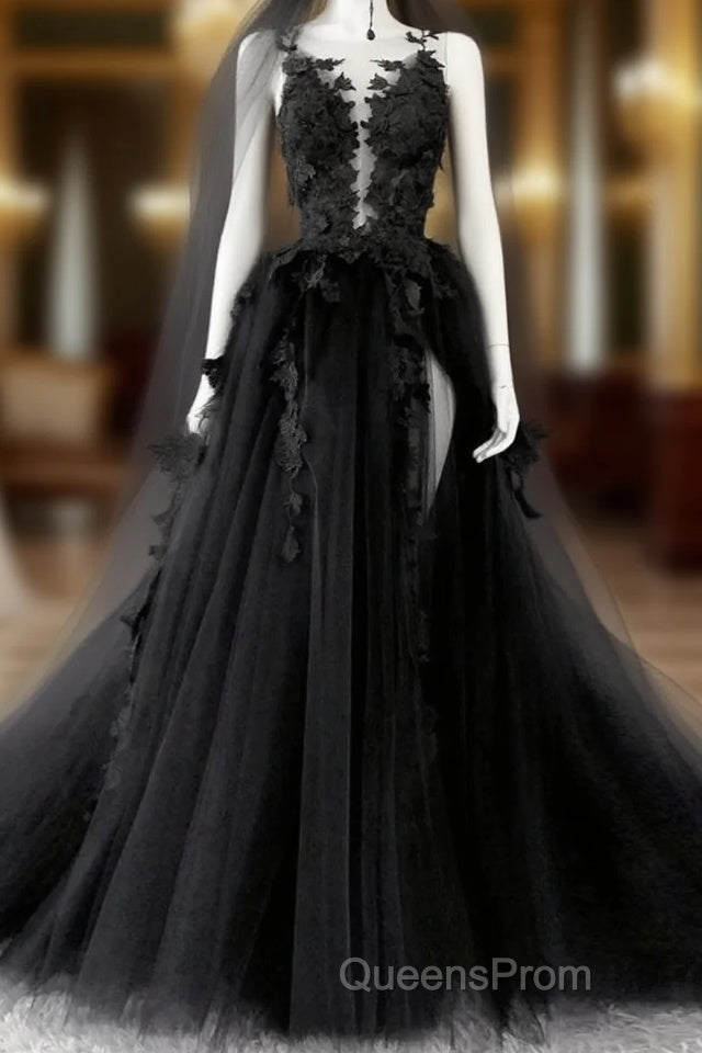 Black V-Neckline Backless Tulle With Lace Party Dress, Black Long Evening Prom Dress Main image