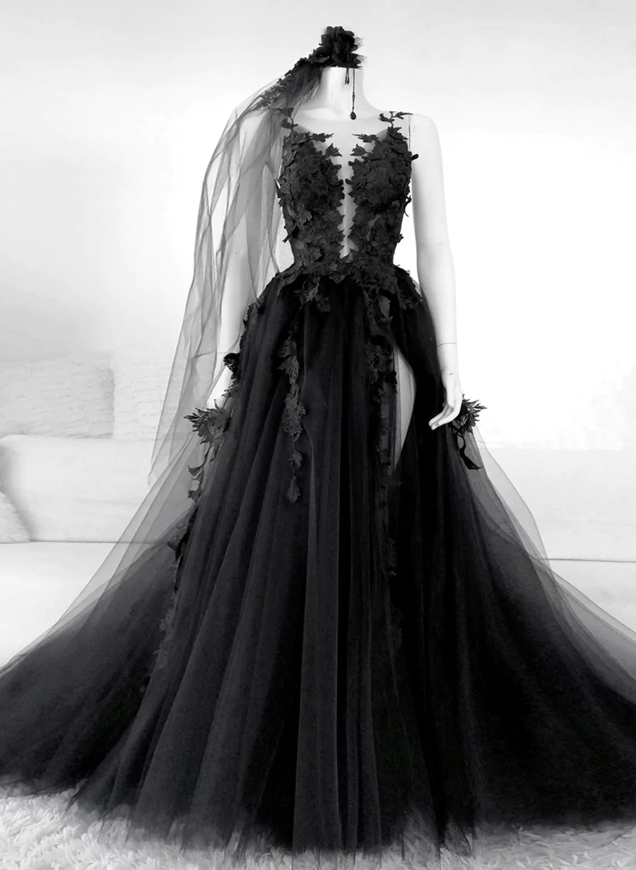 Black V-Neckline Backless Tulle With Lace Party Dress, Black Long Classy Prom Dress Main image