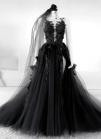 Black V-Neckline Backless Tulle With Lace Party Dress, Black Long Classy Prom Dress