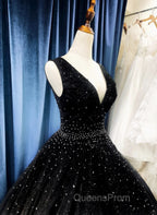 Black V-neckline Shiny Tulle Beaded Sweet 16 Dress, Black Evening Dress