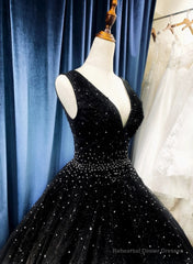 Black V-neckline Shiny Tulle Beaded Sweet 16 Dress, Black Formal Dress