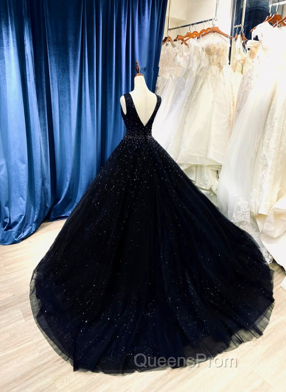 Black V-neckline Shiny Tulle Beaded Sweet 16 Dress, Black Evening Dress