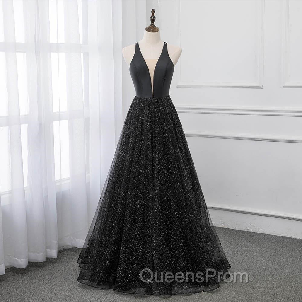 Black V-neckline Tulle and Satin Long Straps Cross Back Evening Prom Dress, Floor Length Evening Dress Secondary image