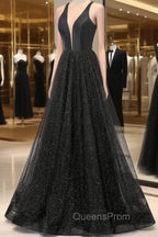 Black V-neckline Tulle and Satin Long Straps Cross Back Evening Prom Dress, Floor Length Evening Dress