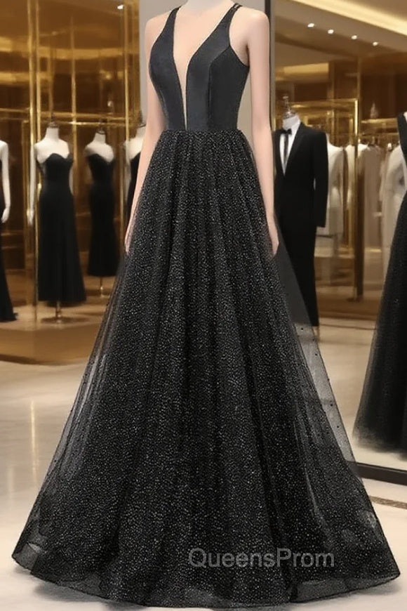 Black V-neckline Tulle and Satin Long Straps Cross Back Evening Prom Dress, Floor Length Evening Dress