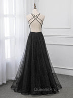 Black V-neckline Tulle and Satin Long Straps Cross Back Evening Prom Dress, Floor Length Evening Dress