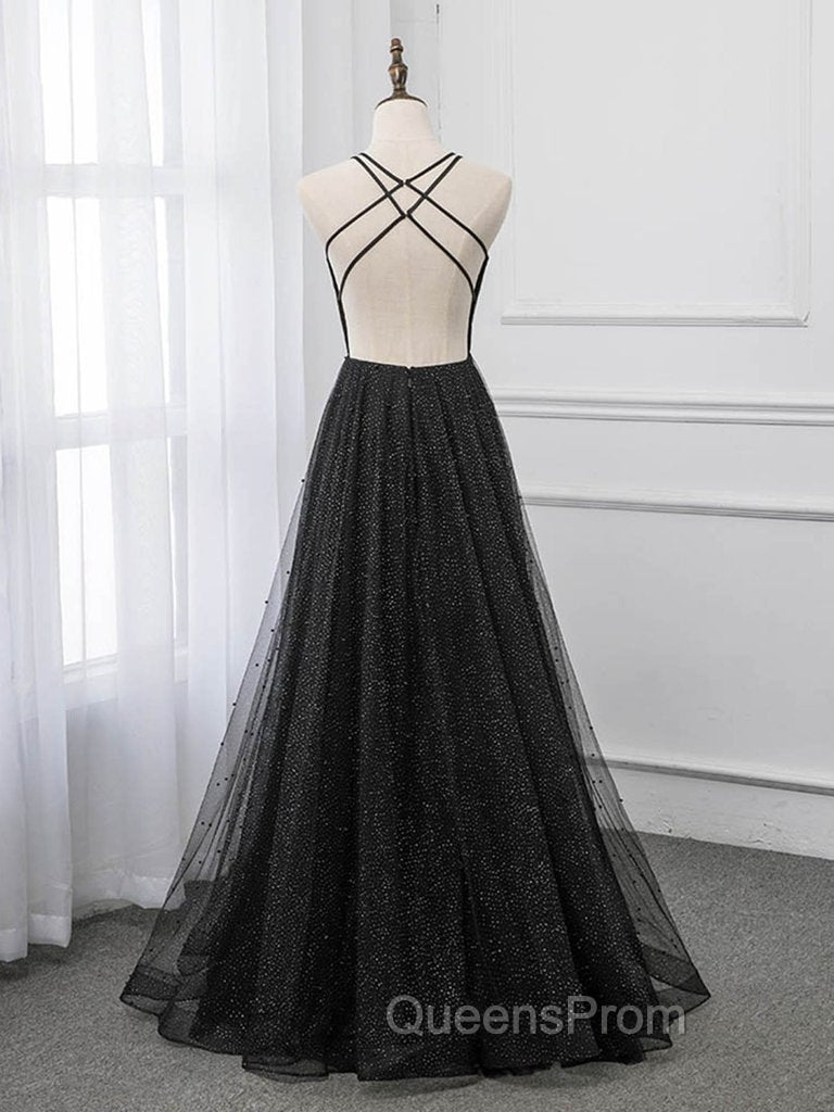 Black V-neckline Tulle and Satin Long Straps Cross Back Evening Prom Dress, Floor Length Evening Dress