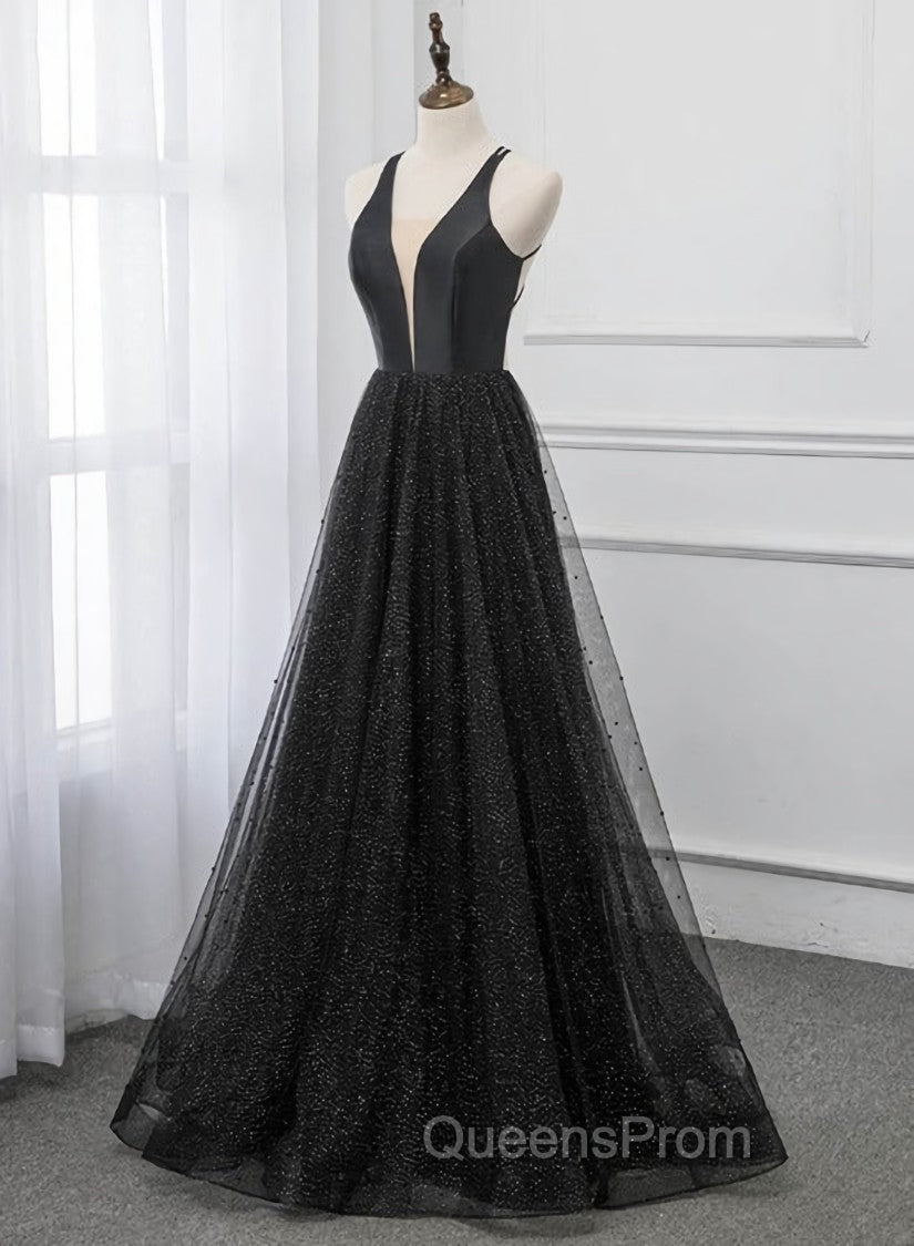 Black V-neckline Tulle and Satin Long Straps Cross Back Evening Prom Dress, Floor Length Evening Dress Main image