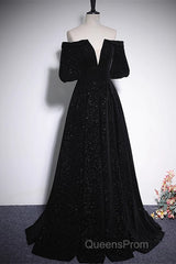 Black V-Neckline Velvet Off Shoulder Party Dress, A-Line Black Evening Prom Dress Evening Dress